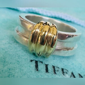 Vintage TIFFANY & Co. Ring Grooved Sterling Silver & K18 Yellow Gold Size 6.25